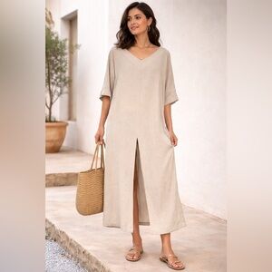 Soft Surroundings Boho Linen Blend Maxi Dress, L Lagenlook Oversized Resortwear
